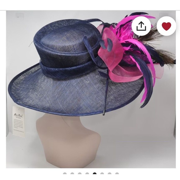 Women’s Kentucky derby tea Party Wide Brim Navy pink Flowers Feathers Hat - Picture 8 of 11